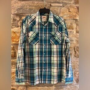 Mens Levi's Long Sleeve Turquoise Blue Plaid Snap Front Western Shirt Size Large